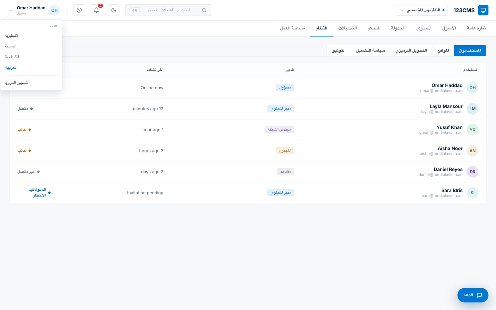 123CMS — Operator UI in EN, RU, KZ or Arabic