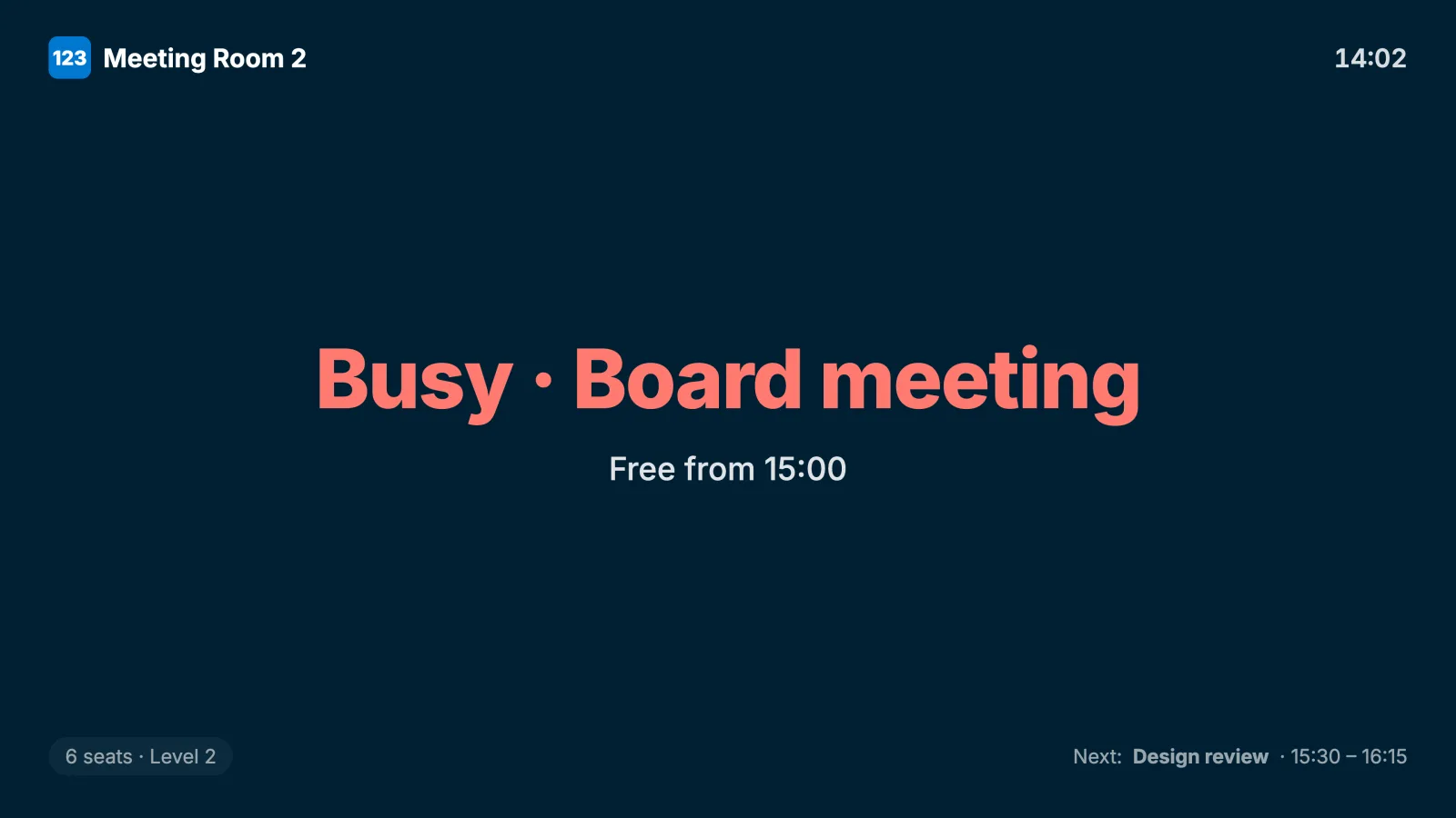 123SB meeting-room door panel — room name, live clock, current status and the next booking