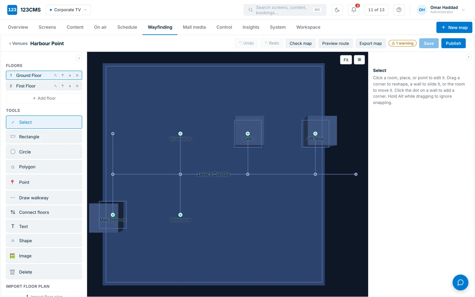 123WF map editor — a floor plan with rooms, a corridor and points of interest drawn and ready to publish