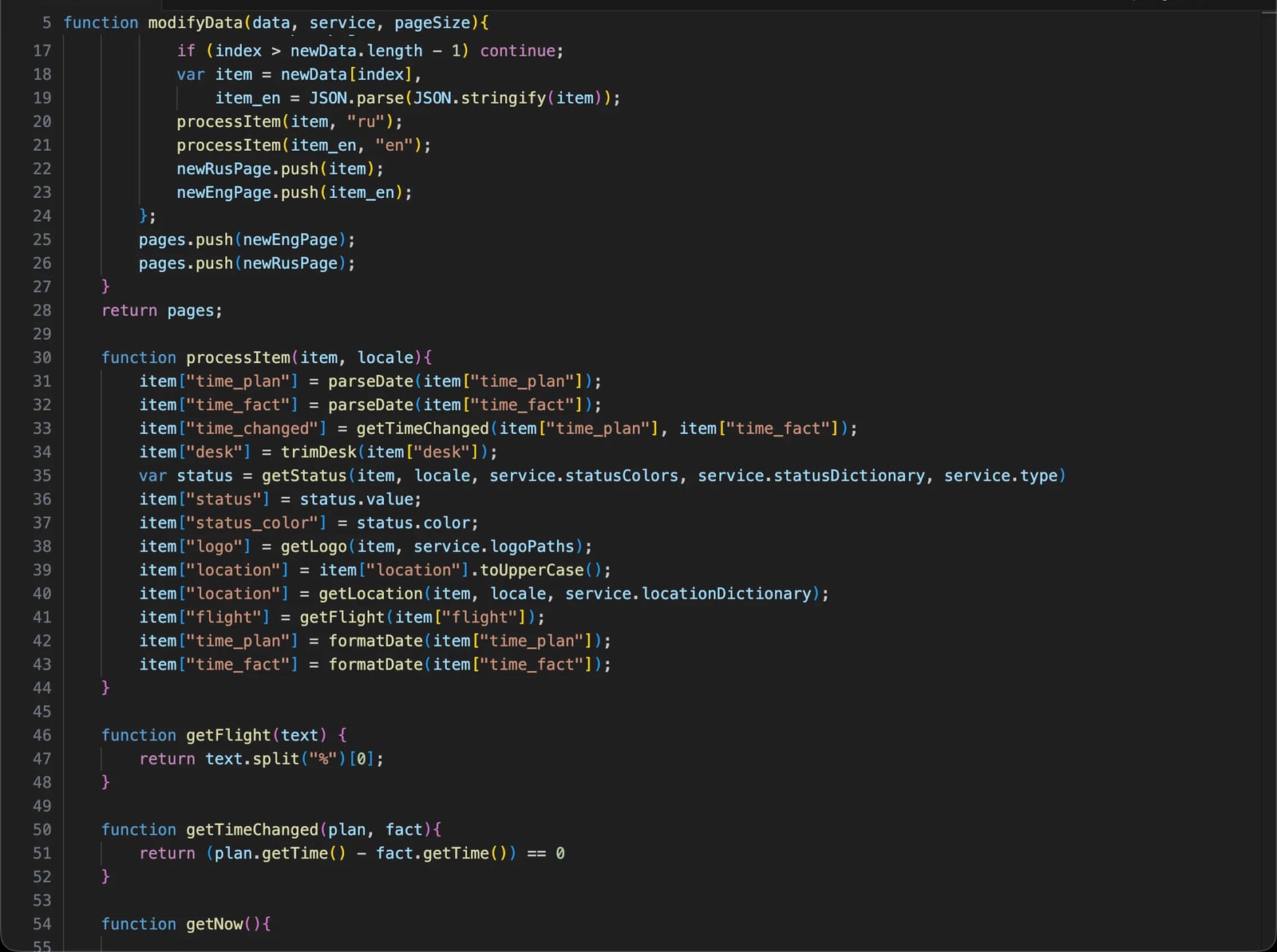 The modifyData.js jSignage widget code that runs on the SpinetiX EMP-III player, showing processItem, getStatus, getLogo, getLocation and getFlight functions that turn a raw flight feed into a FIDS board row