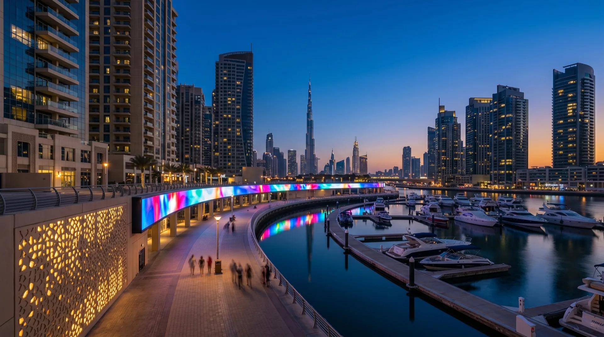 منظر الواجهة المائية لدبي مع شريط LED متزامن في حي برج خليفة، يمثل النشر المرجعي للإمارات للبنية التحتية الرقمية الحرجة